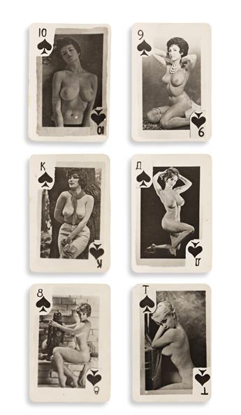 (PLAYING CARDS) A complete deck of 36 Russian photographic prison playing cards, all featuring titillating nude women.